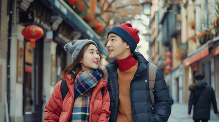 A joyful Asian couple in stylish winter attire stroll through a bustling street, exuding warmth and romance. A.I.の素材