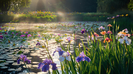 Morning light bathes a tranquil water pond surrounded by iris flowers and water lilies, ideal for serene backgrounds. A.I.の素材