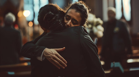 Foto de Two individuals sharing a warm hug in a church setting, conveying a narrative of comfort and affection. A.I. - Imagen libre de derechos