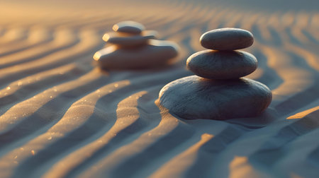 Stone cairns in serene balance on textured sand, reflecting the golden hour light, evoke peace and harmony. A.I.の素材