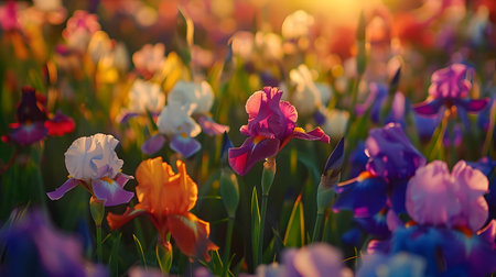 A burst of colorful tulips illuminated by golden sunlight in a serene garden setting, ideal for seasonal decor. A.I.の素材
