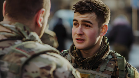 Candid photo of a young soldier engaging with peer, showcasing military life and camaraderie in uniform. A.I.の素材