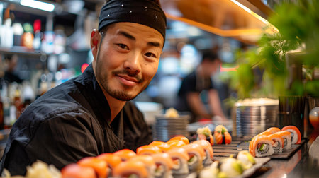 A cheerful sushi chef in traditional attire serving sushi in a contemporary setting with a focused look on quality. A.I.の素材