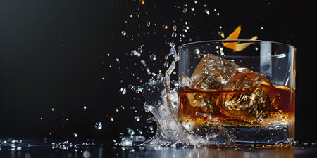 Whiskey with ice splashing out of glass against a dark backdrop in a freeze motion shot. ideal for ads. A.I.の素材