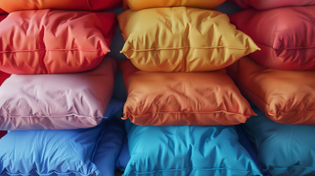 Colorful cushions stacked neatly, showcasing variety and comfort for modern home interior designs. A.I.の素材