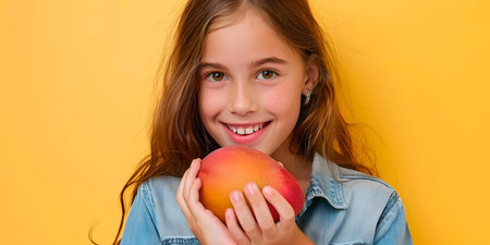 Portrait of a cheerful young girl holding an apple, promoting healthy eating on a vibrant yellow backdrop. A.I.の素材