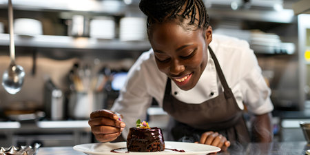 Focused chef adds the final touch to a dessert in a commercial kitchen, showcasing skill and passion for cooking. A.I.の素材