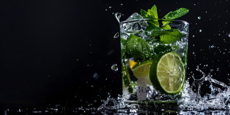 High-speed shot of a mojito with lime and mint splashing water against a dark backdrop. A.I.の素材