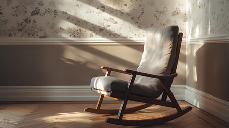 A lone rocking chair bathed in sunlight in a quiet, peaceful room, evoking stillness and calm. A.I.の素材