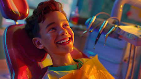 A smiling boy enjoys a pediatric dental checkup in a cheerful, brightly lit clinic. A.I.の素材