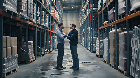 Two men in business attire finalize a deal with a handshake in a spacious warehouse setting. A.I.の素材