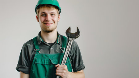 A cheerful mechanic in work attire poses with a wrench, symbolizing skilled manual labor and expertise. A.I.の素材