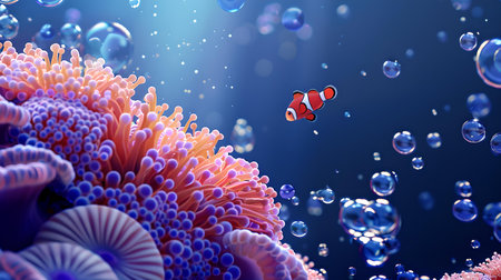 Digital illustration of a clownfish by a coral reef. vivid colors capture the beauty of underwater life. A.I.の素材