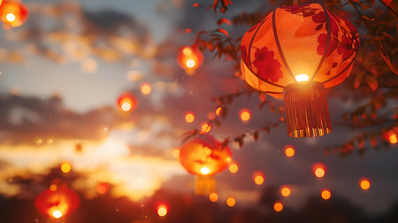 Warm glowing lanterns hang amidst twilight, evoking coziness and celebration against a sunset backdrop. A.I.