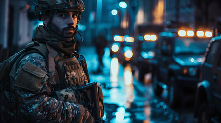 A stoic soldier stands guard at night with a reflective look, showcasing modern military attire and atmosphere. A.I.の素材