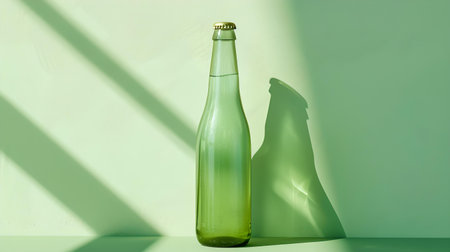 A translucent green glass bottle casts a gentle shadow against a light green backdrop, showcasing minimalism. A.I.の素材