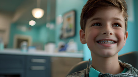 A joyful boy with dental braces smiles brightly, evoking warmth and innocence in a homely environment. A.I.の素材