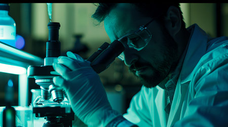 Focused male researcher using microscope in dark laboratory. concept of medical discovery and testing. A.I.の素材