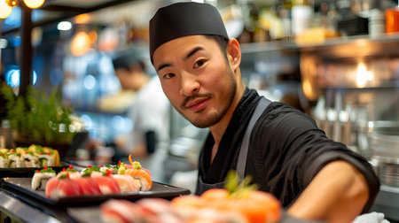 Chef in a black uniform proudly displays a tray of sushi. perfect for culinary themes and restaurant marketing. A.I.の素材