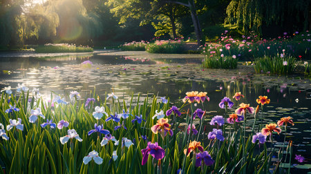Tranquil waters bordered by vibrant flowers bathed in soft twilight glow, ideal for calming spaces. A.I.の素材