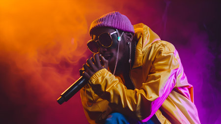 An ai-generated image of a rapper performing live with vivid lighting, capturing the essence of a hip-hop concert. A.I.の素材
