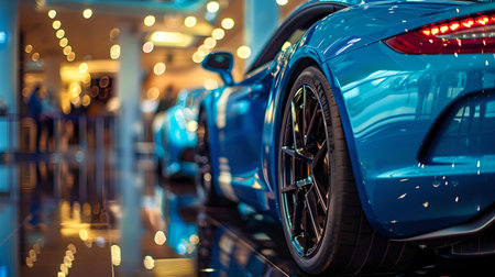 A beautiful blue sports car glistens under showroom lights, capturing luxury and modern design. A.I.の素材