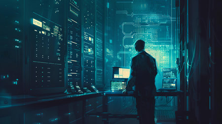 A male silhouette stands before glowing screens in a dark data center, depicting cybersecurity monitoring. A.I.の素材
