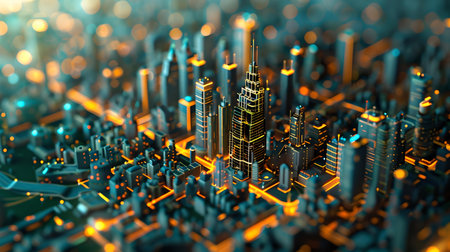 A stunning ai-generated image of a futuristic city with golden lights and advanced architecture. A.I.の素材