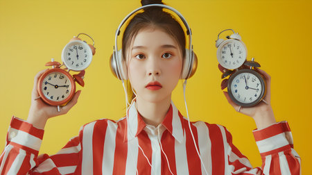 Woman with multiple alarm clocks symbolizes time control and organization against a yellow backdrop. A.I.の素材