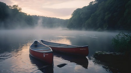 A tranquil scene with a red canoe on misty waters embraced by forested hills at sunrise. A.I.の素材