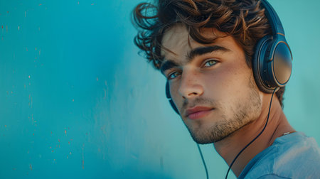 Close-up of a relaxed young adult male with headphones, immersed in music, expressing tranquility against a blue background. A.I.の素材