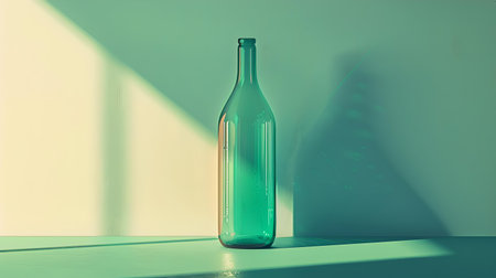 Green glass bottle casts a shadow in minimalist setting. ideal for modern design themes and artistic representation. A.I.の素材