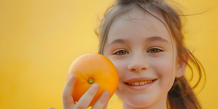 A cheerful little girl with a bright orange, captured in warm sunlight. joyful expression promoting health. A.I.の素材