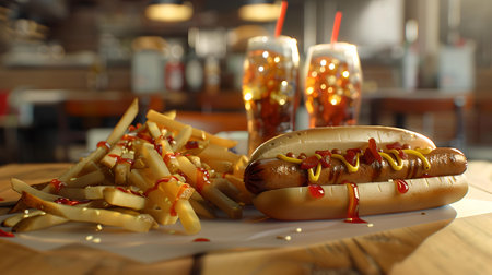 Tasty fast food meal setup with hot dogs, cold drinks and fries, perfect for casual dining concepts. A.I.の素材