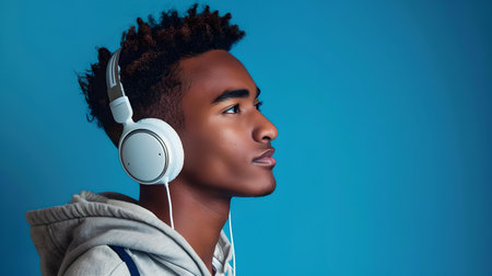 Profile view of a stylish young man with headphones against a cool blue background, depicting leisure activity. A.I.の素材