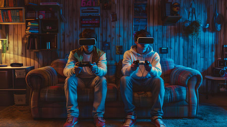 A pair of gamers in VR headsets play in a neon-lit room, highlighting modern entertainment technology. A.I.の素材