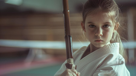 Portrait of a determined young martial artist. girl in karate gi with bo staff displays focus and skill. A.I.の素材
