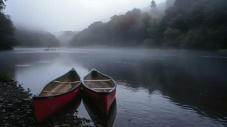 A peaceful view of two canoes by a foggy river, capturing tranquility and the essence of nature's beauty. A.I.の素材