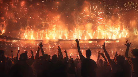Silhouettes of people with raised hands enjoying fireworks. festive atmosphere at a night event. A.I.の素材