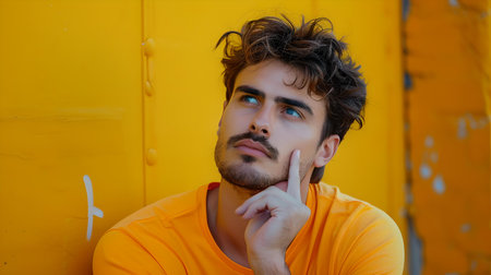 Pensive male with stylish hair lost in thought by a bright yellow wall. candid lifestyle photo. A.I.の素材