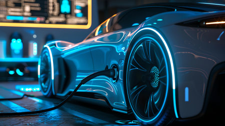 An ai-generated image featuring a futuristic electric car charging under neon lights, showcasing modern vehicle technology. A.I.の素材