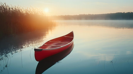 A tranquil morning lake scene, with a red canoe and rising sun, exuding calm and adventure. A.I.の素材