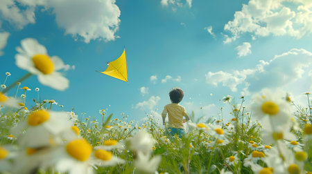 A young kid admires a paper plane in flight among daisies under a blue sky. symbolizes innocence and freedom. A.I.の素材