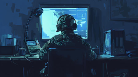 Illustration of a professional in military gear working on computer surveillance in a dimly lit room. A.I.の素材