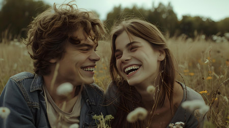 Joyful man and woman enjoying a candid moment in a wildflower meadow, exemplifying love and happiness. A.I.の素材