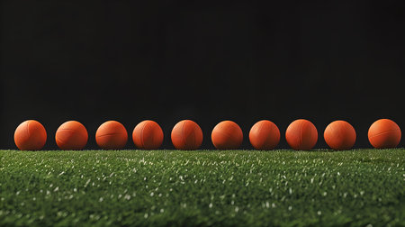 A line of orange basketballs on turf signifies teamwork, sports, and outdoor activities. A.I.の素材