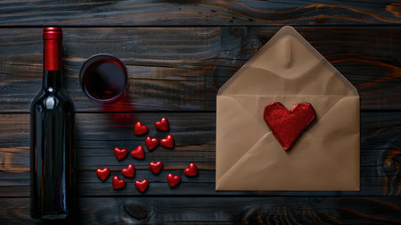 Valentine's day concept with wine bottle, glass, heart-shaped ornaments and love letter envelope on wood. A.I.の素材