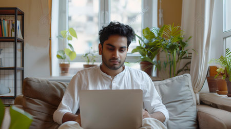 A young man concentrates on his laptop screen while working remotely from a comfortable home environment. A.I.の素材