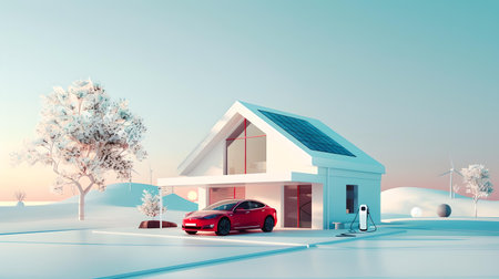 Contemporary house with car in snowy landscape. minimalistic style suitable for lifestyle and real estate. A.I.の素材