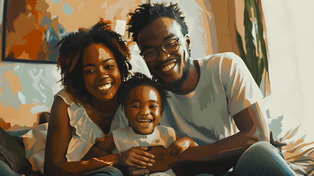 AI-generated image of a cheerful African family enjoying time together, embodying warmth and happiness. A.I.の素材